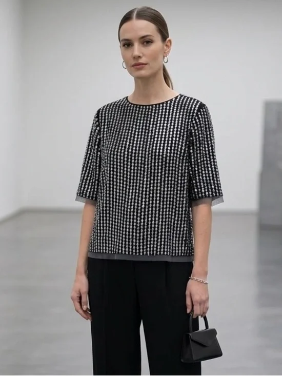 🄷&🄼 Straight-cut, short-sleeved blouse in sequin Size 8 - Picture 1 of 12